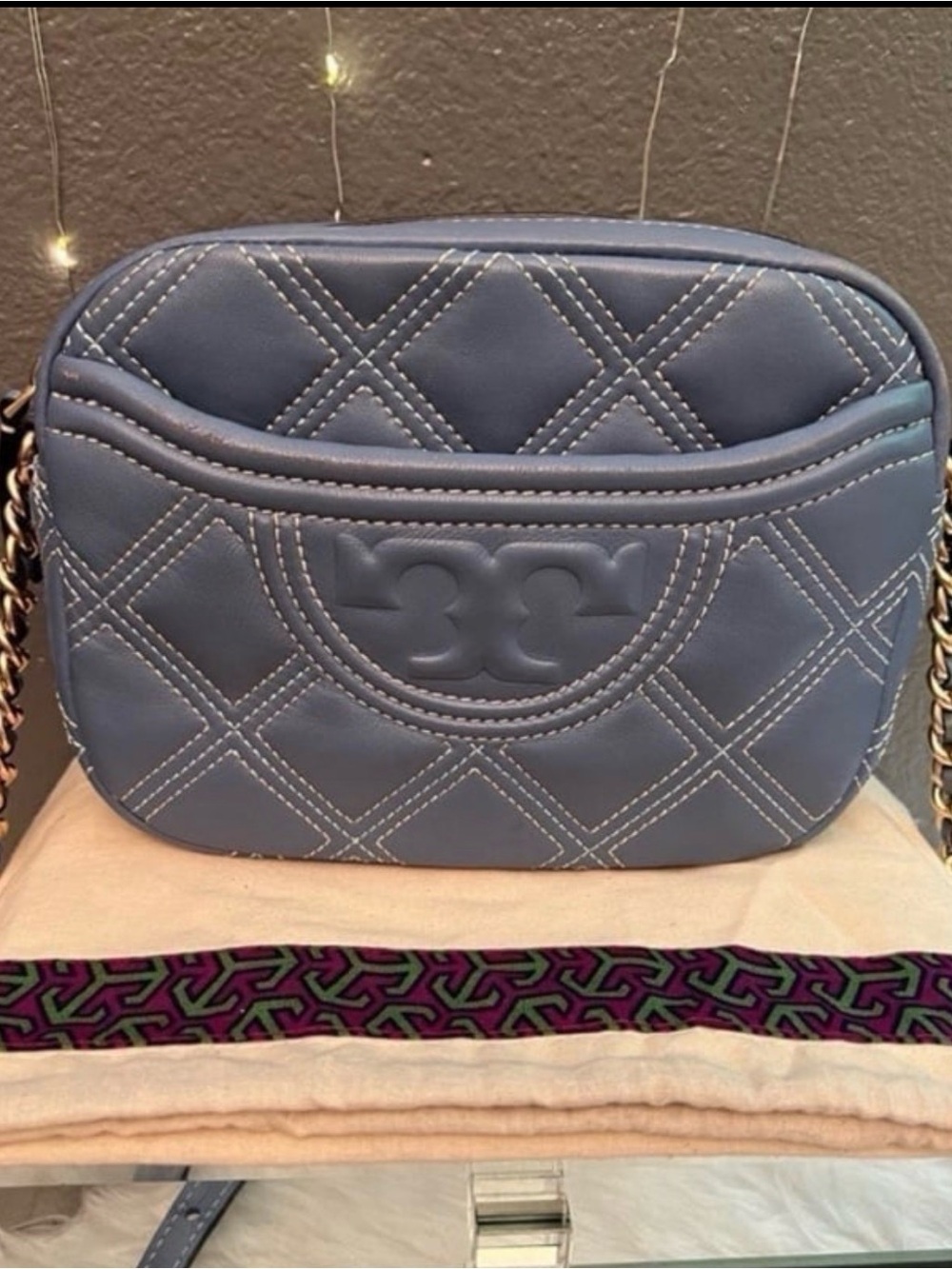 TORY BURCH FLEMING SOFT CONSTRAST STITCH BLUEWOOD CAMERA MESSENGER CROSSBODY